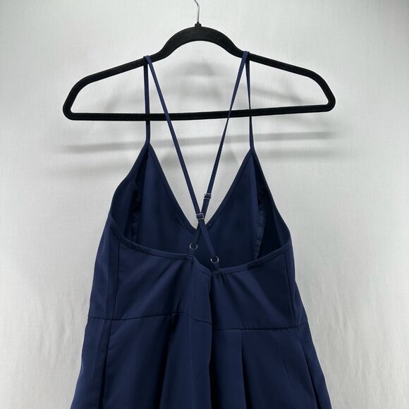 Elia Cher Midi Dress Sz L Pleated V-Neck Adjustable Crossback Strap Pleated Navy - Picture 5 of 14